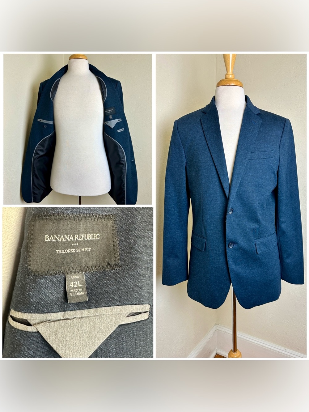 Banana Republic Navy Heather Blue Tailored Slim Fit 2 Button Blazer Jacket 42L